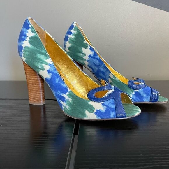 Naughty Monkey ‘Heart Felt’ Canvas Blue & Green Watercolor Peep Toe Heel, 10 - Picture 2 of 12